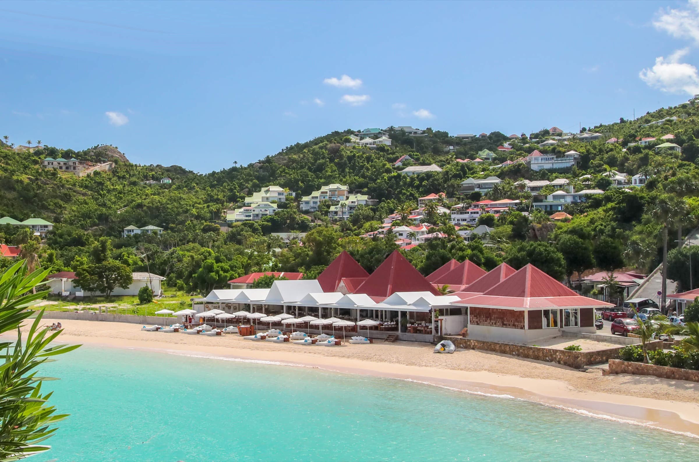 Nikki Beach Saint-Barth's white daybeds on Baie de Saint-Jean